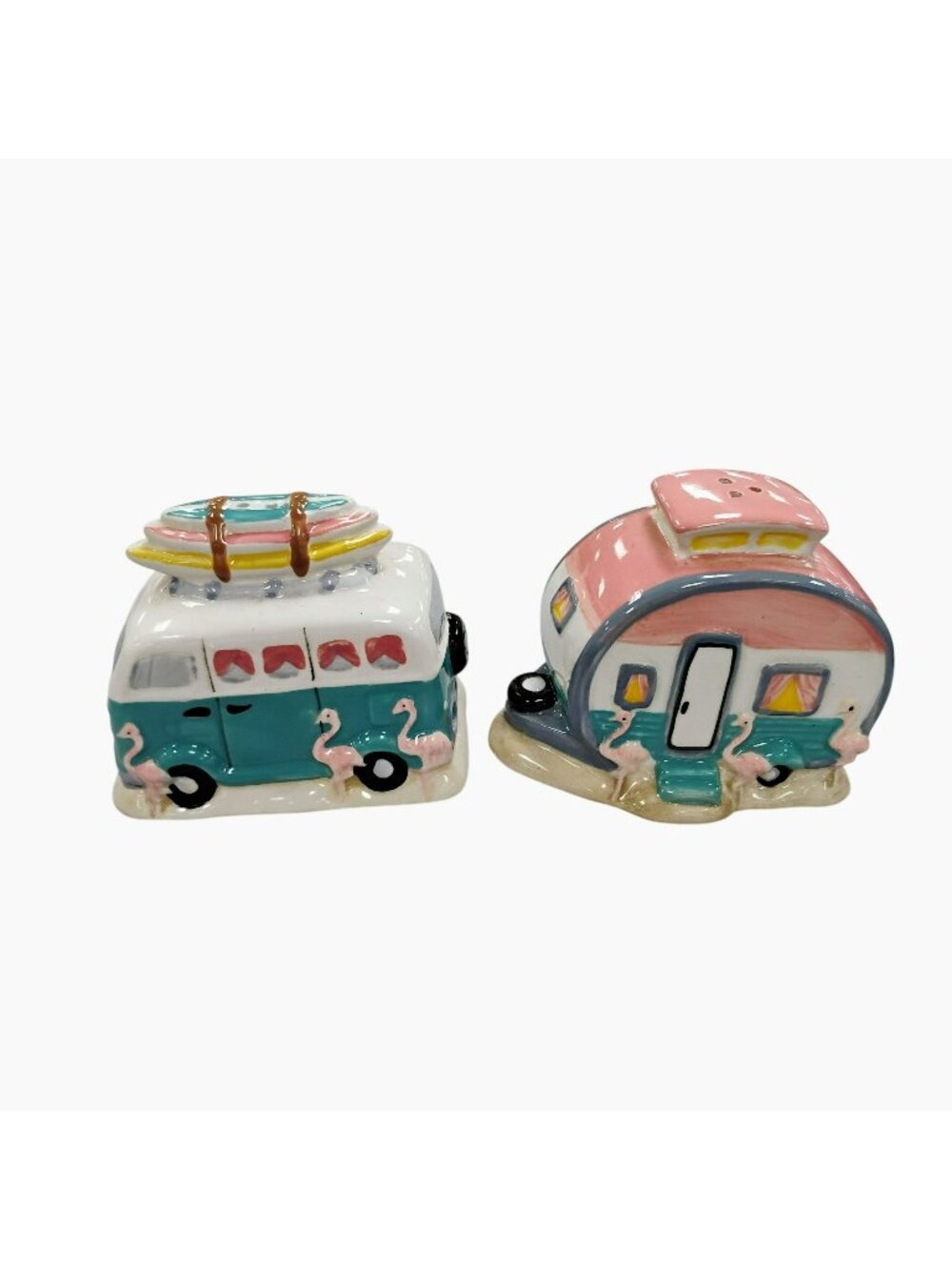 Ceramic Camper & Van Flamingo Salt And Pepper Shaker Set By Blue Sky 2018